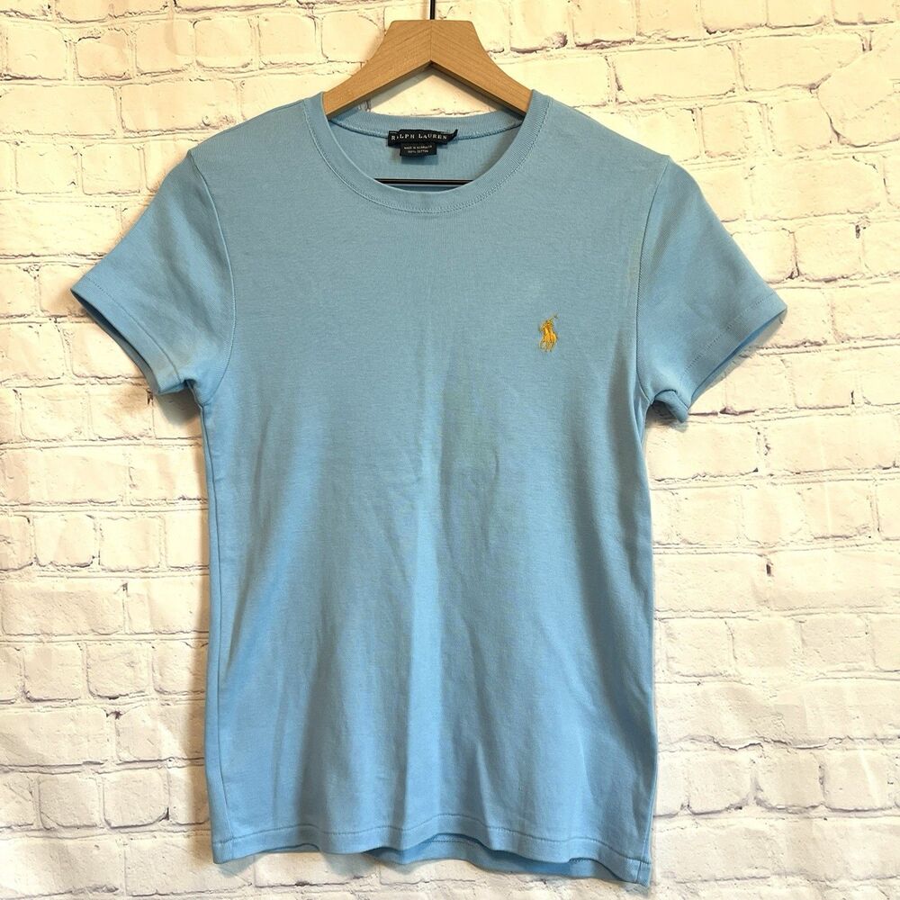 Ralph Lauren  Womens  Large Blue Shirt Fitted Top Embroidered Pony Short Sleeve